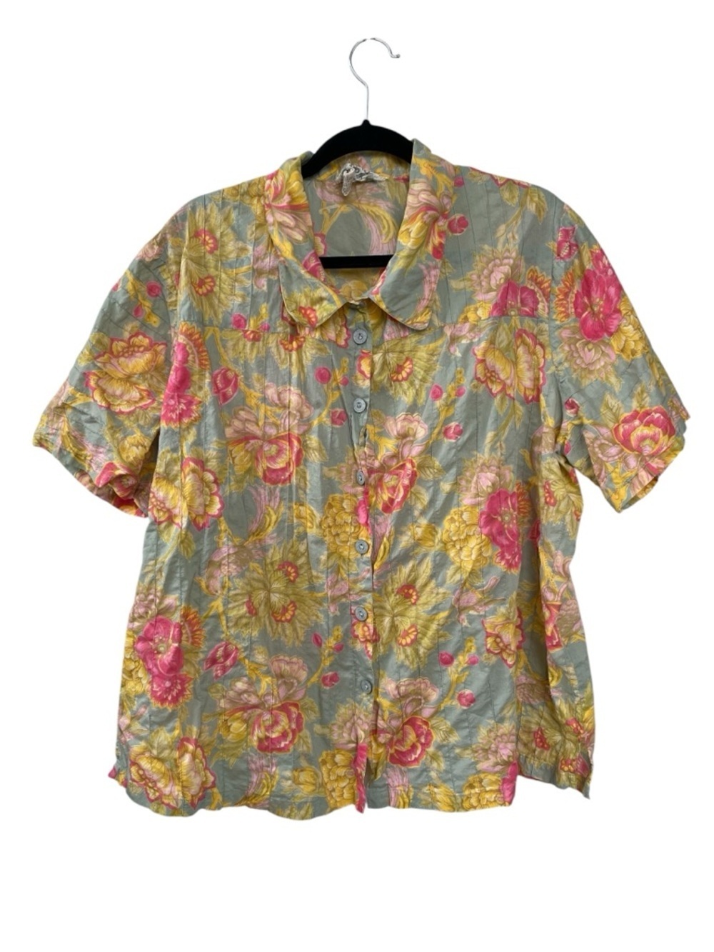 April Cornell Cotton Floral Button-Up Short Sleeve Blouse One Size